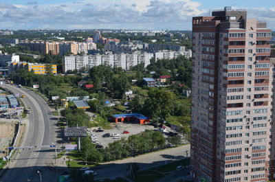 High angle view of buildings in city