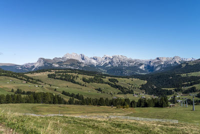 Scenic view of mountains against clear blue sky