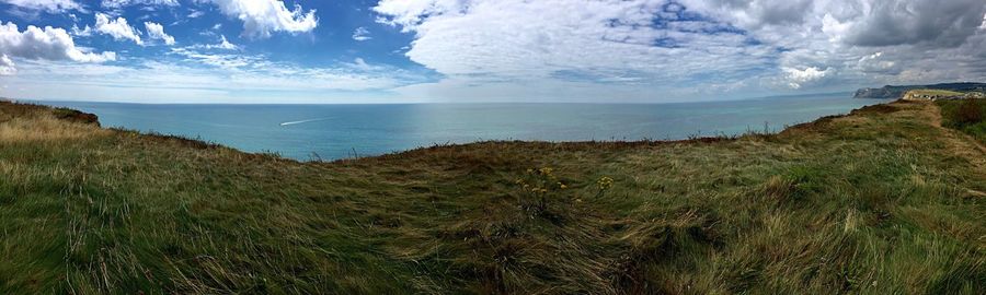 Scenic view of sea against cloudy sky