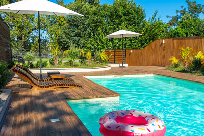 High angle view of swimming in pool