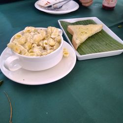 High angle view of pasta in bowl on table