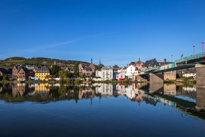 Buildings by river against blue sky