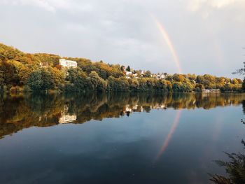 Scenic view of rainbow over lake against sky