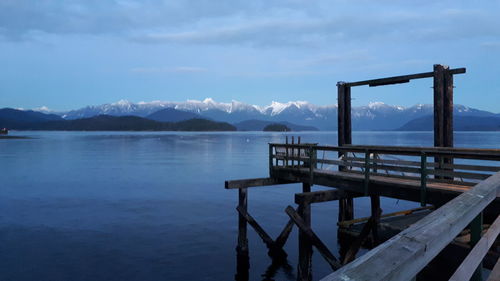 Scenic view of sea and mountains against sky