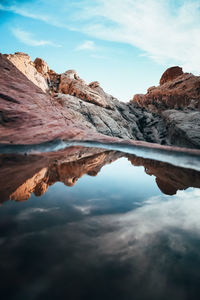 Scenic view of mountains reflecting in water against sky