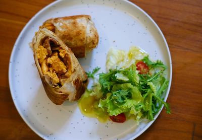 High angle view of breakfast served on table