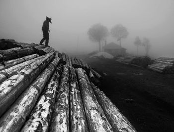 Man standing on log against sky during foggy weather