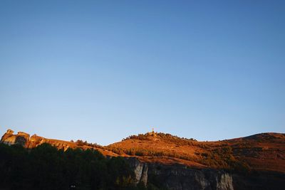 Scenic view of mountains against clear blue sky