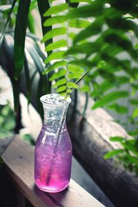 Close-up of fresh drink in bottle on wooden railing