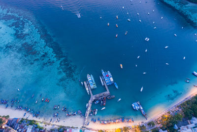 Passenger pier on phi phi island kra bi thailand at twilight aerial view