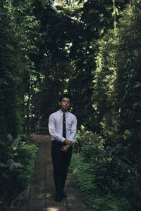 Portrait of young man standing in forest