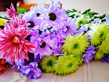 High angle view of purple flowers on table