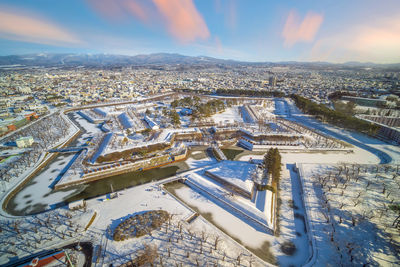 High angle view of city during winter