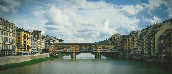 Bridge over river with buildings in background