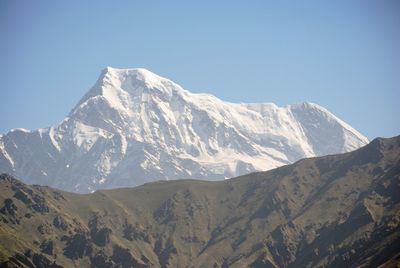 Scenic view of snowcapped mountains against clear sky