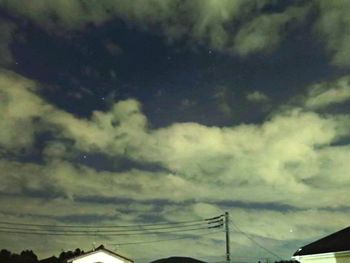 Low angle view of electricity pylon against storm clouds