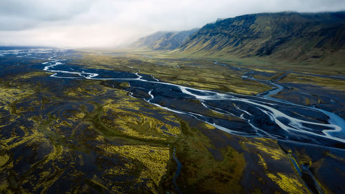 Aerial drone view of large riverbed, rangárþing eystra, southern iceland