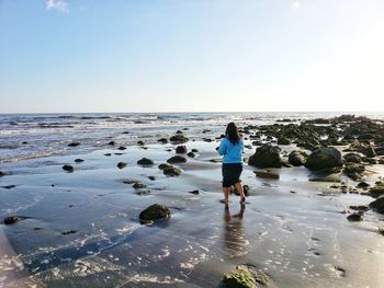 Rear view of man standing on beach against clear sky