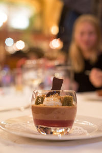 Close-up of cake served on table