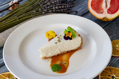 High angle view of dessert in plate on table