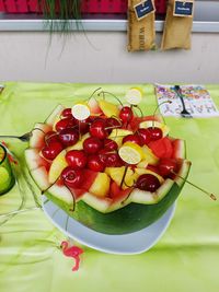 High angle view of fruits in bowl on table