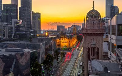 View of city at sunset