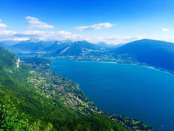 Scenic view of river amidst mountains against sky