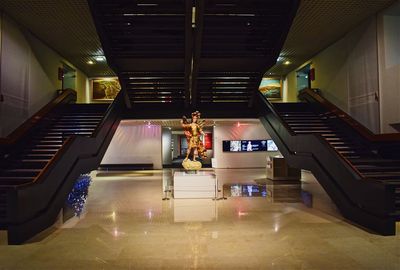 High angle view of illuminated staircase at night