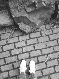 Low section of man standing on cobblestone