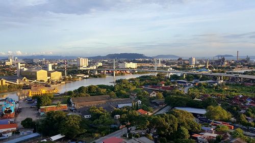 High angle view of city at waterfront