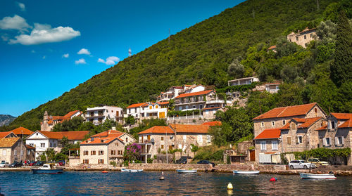 Houses by lake against sky