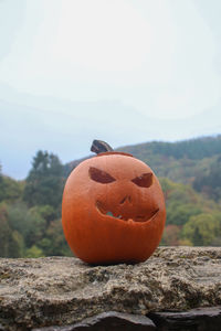 Close-up of fresh pumpkin against orange sky