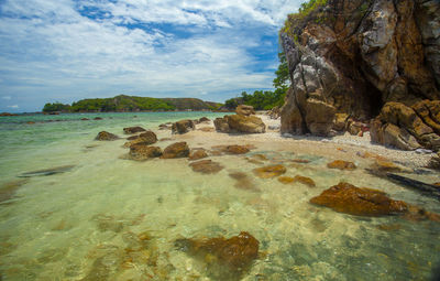 Scenic view of rocks in sea against sky