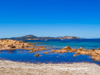 Scenic view of sea against clear blue sky