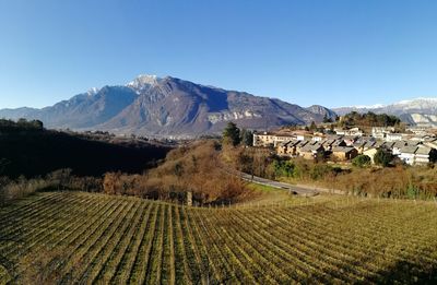 Scenic view of field by mountains against clear sky
