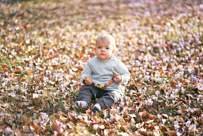 Full length of a man sitting on autumn leaves