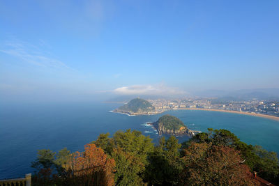 High angle view of bay against blue sky