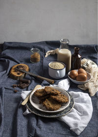 High angle view of breakfast on table