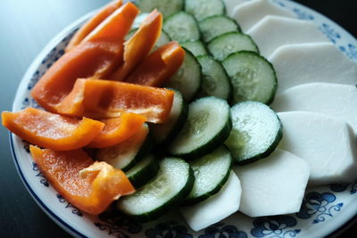 High angle view of chopped fruits in plate on table