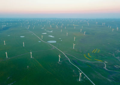 High angle view of the wind turbine on the grassland