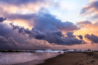 Scenic view of beach against sky during sunset