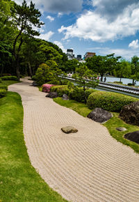 Sand river in the japanese ohori garden in fukuoka, japan