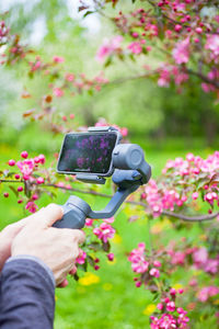 Cropped hand of man with mobile phone stabilizer against plants