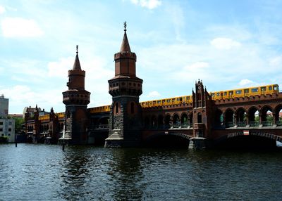 Arch bridge over river in city