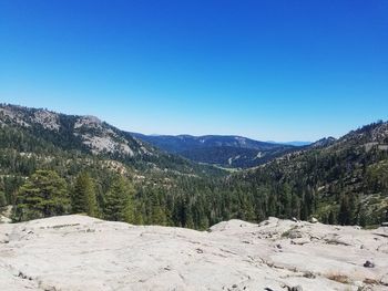 Scenic view of mountains against clear blue sky