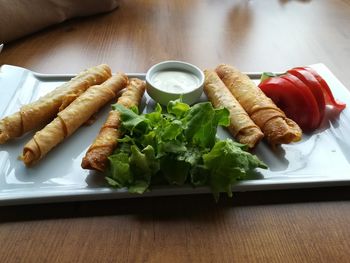 High angle view of breakfast served on table