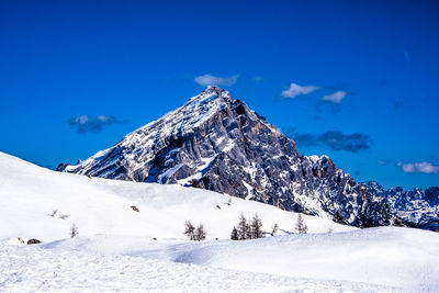 Snow covered mountain against blue sky