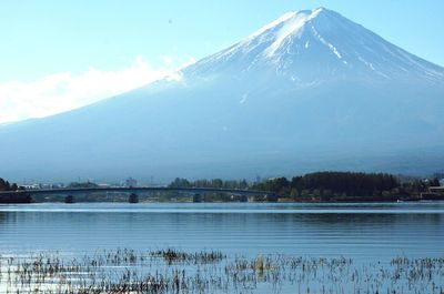 Bridge over river with snow capped mountain in background