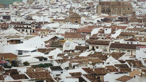 High angle view of snow covered town