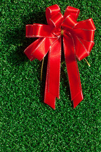 High angle view of red christmas decoration on grass